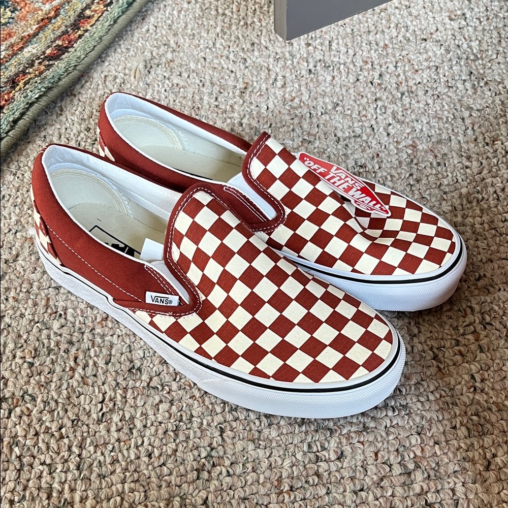 Vans Red and White Checkerboard Slip-On Sneakers